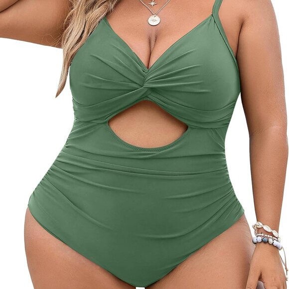 Women's Plus Size Tummy Control One Piece Swimsuit with Twist Front and Ruched D - Picture 1 of 8